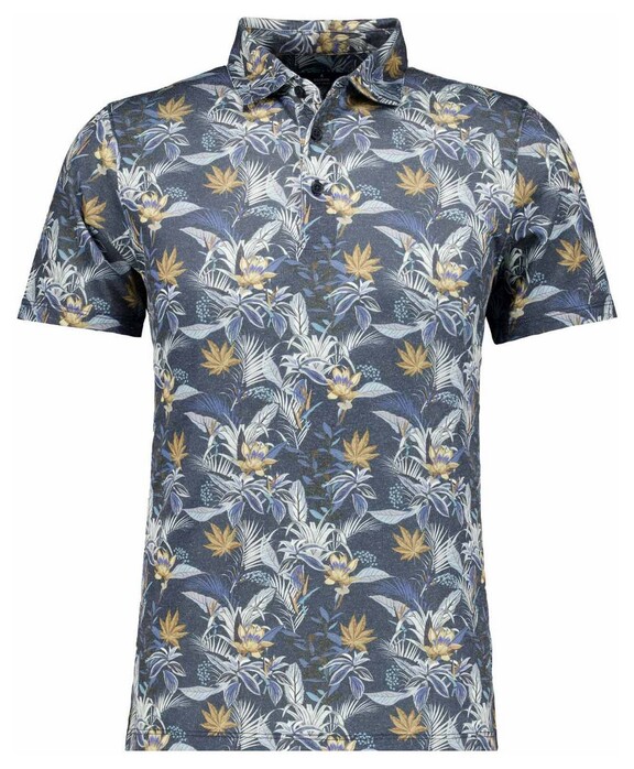 Ragman Soft Knit Multi Leaves Floral Pattern Polo Blauw-Multi