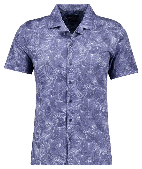 Ragman Soft Knit Subtle Abstract Leaves Pattern Overhemd Night Blue