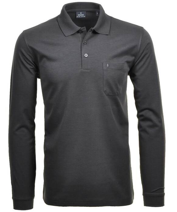 Ragman Softknit Polo Longsleeve Uni Breast Pocket Antraciet