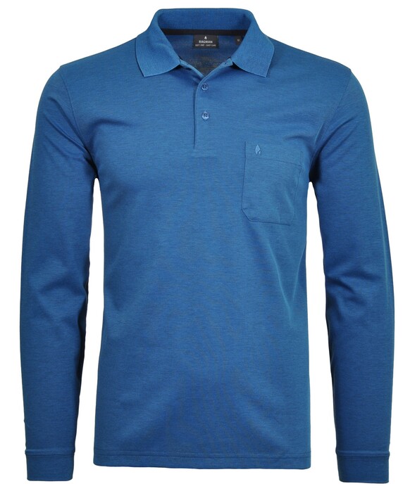 Ragman Softknit Polo Longsleeve Uni Breast Pocket Blauw Melange