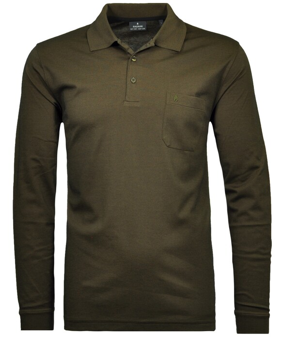 Ragman Softknit Polo Longsleeve Uni Breast Pocket Donker Khaki