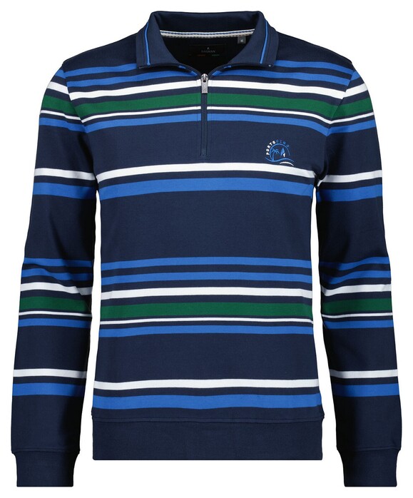 Ragman Striped Jersey Sweater Zip Collar Pullover Jeans Blue