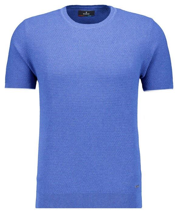 Ragman Texture Knit Tone-In-Tone Short Sleeve Round Neck Trui Royal Blue