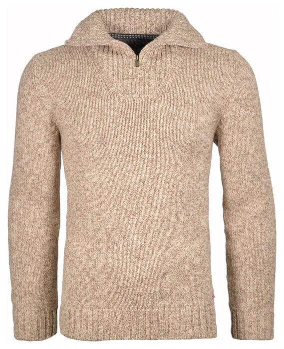 Ragman Troyer Zip Cotton Knit Pullover Elbow Patches Trui Beige Melange