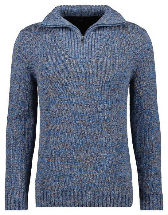 Ragman Troyer Zip Cotton Knit Pullover Elbow Patches Trui Blauw-Grijs