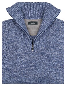 Ragman Troyer Zip Cotton Knit Pullover Elbow Patches Trui Blauw Melange