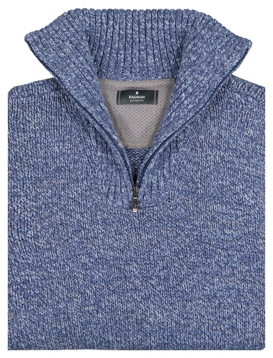 Ragman Troyer Zip Cotton Knit Pullover Elbow Patches Trui Blauw Melange
