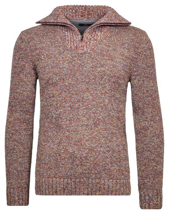 Ragman Troyer Zip Cotton Knit Pullover Elbow Patches Trui Bordeaux-Bruin