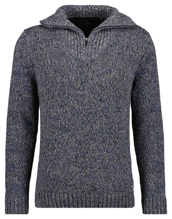 Ragman Troyer Zip Cotton Knit Pullover Elbow Patches Trui Donker Blauw-Beige