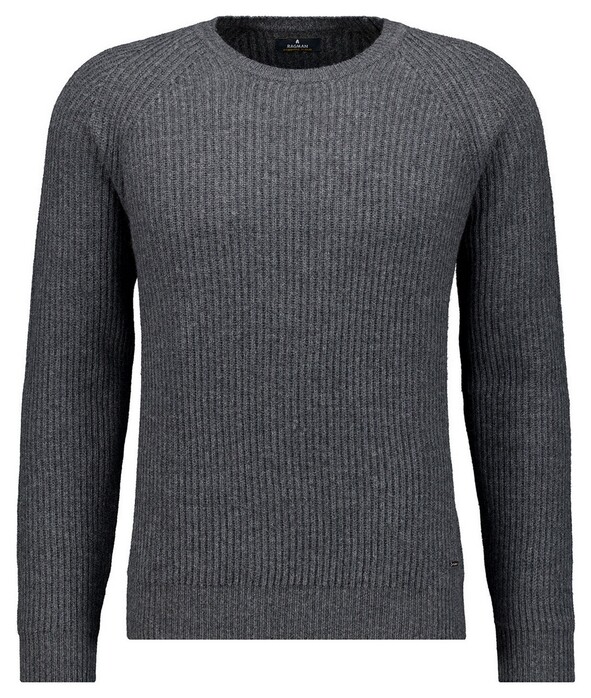Ragman Uni Color Round Neck Merino Cashmere Structure Rib Knit Trui Antraciet