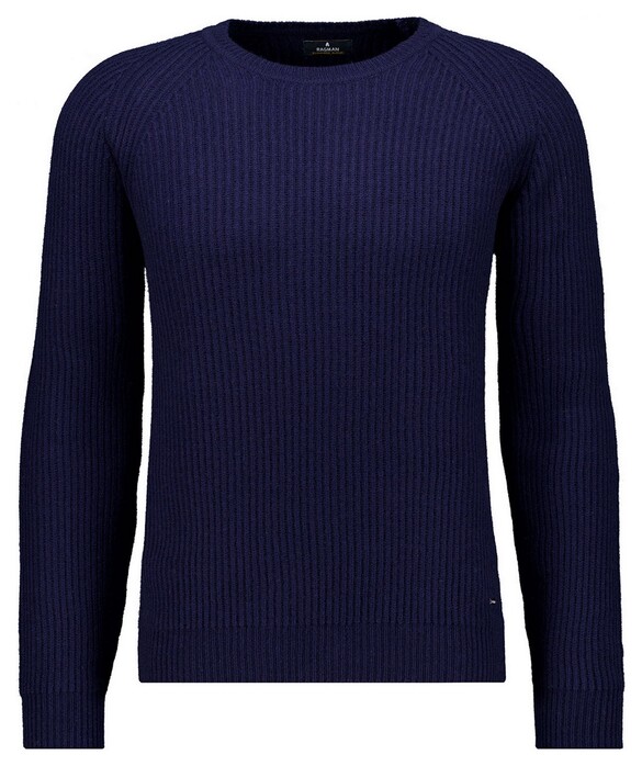 Ragman Uni Color Round Neck Merino Cashmere Structure Rib Knit Trui Marine