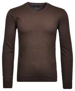Ragman V-Neck Supersoft Cotton Cashmere Knitted Elbow Patches Trui Bruin Melange