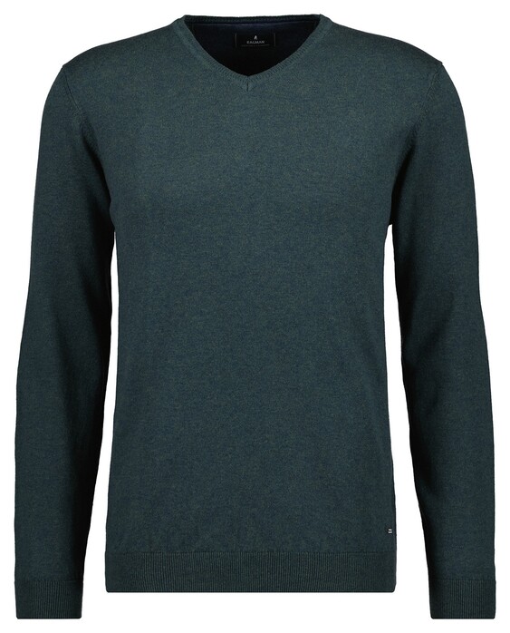 Ragman V-Neck Supersoft Cotton Cashmere Knitted Elbow Patches Trui Donker Groen Melange