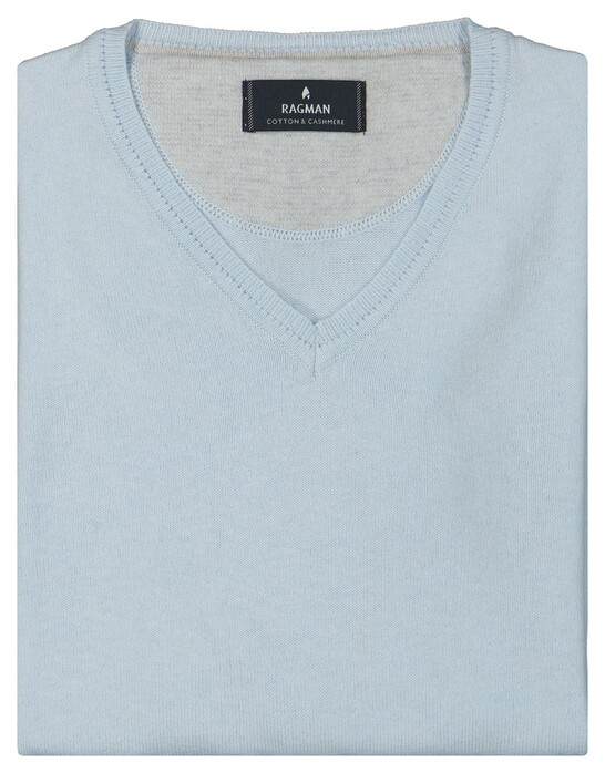Ragman V-Neck Supersoft Cotton Cashmere Knitted Elbow Patches Trui Ice Blue