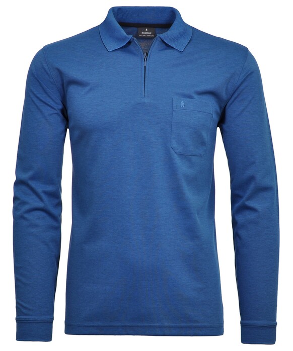 Ragman Zipper Softknit Polo Longsleeve Breast Pocket Blauw Melange