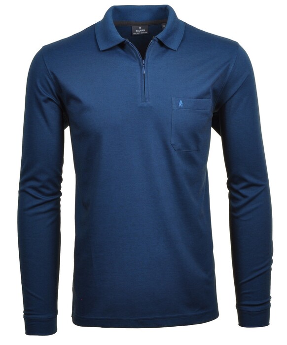 Ragman Zipper Softknit Polo Longsleeve Breast Pocket Donker Blauw