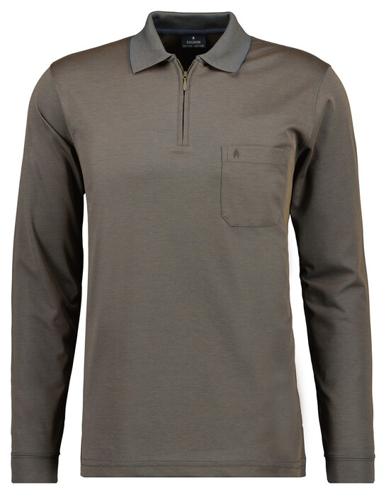 Ragman Zipper Softknit Polo Longsleeve Breast Pocket Donker Taupe