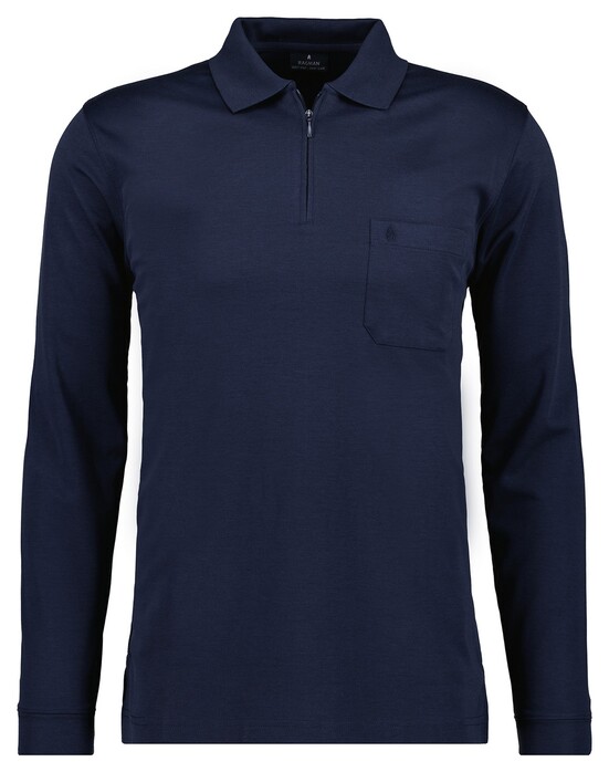 Ragman Zipper Softknit Polo Longsleeve Breast Pocket Marine