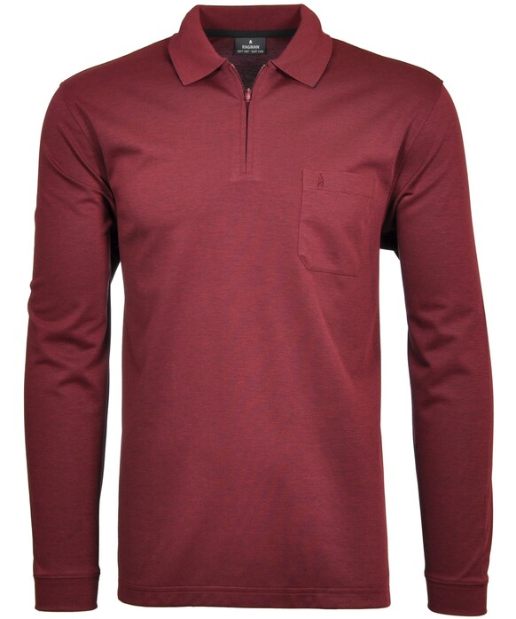 Ragman Zipper Softknit Polo Longsleeve Breast Pocket Terra Red