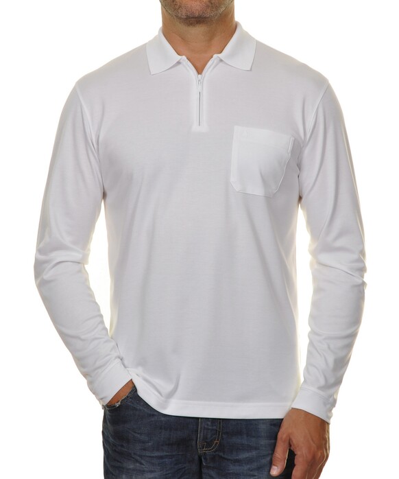 Ragman Zipper Softknit Polo Longsleeve Breast Pocket Wit