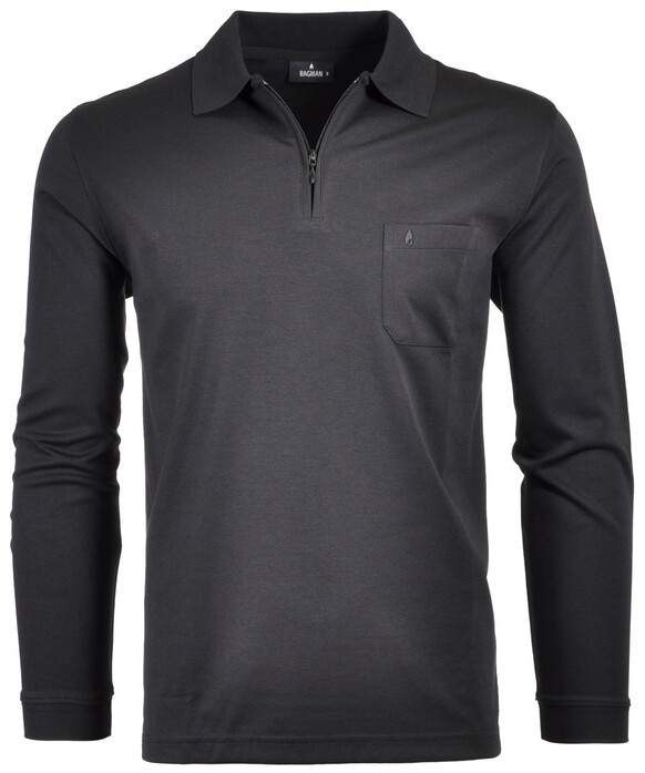 Ragman Zipper Softknit Polo Longsleeve Breast Pocket Zwart