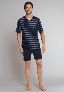 Schiesser Gestreepte Pyjama Dark Sapphire Nachtmode Donker Blauw