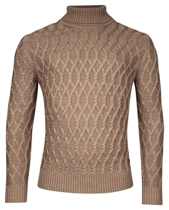 Thomas Maine Allover Cable Knit Pattern Rollneck Trui Camel