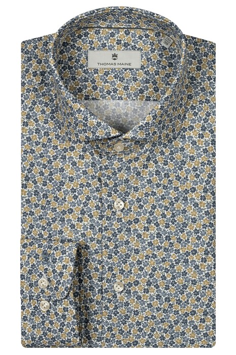 Thomas Maine Allover Small Flower Pattern Roma Modern Kent Overhemd Blue-Mustard-White