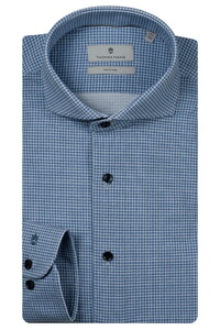 Thomas Maine Bari Cutaway Cotton Stretch Jersey Small Check Overhemd Blauw