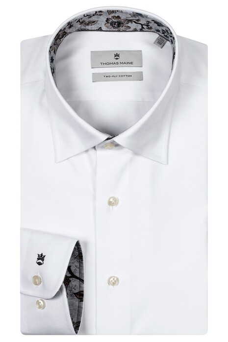 Thomas Maine Bergamo Two-Ply Cotton Floral Contrast Verborgen Button-Down Overhemd Wit-Lichtblauw