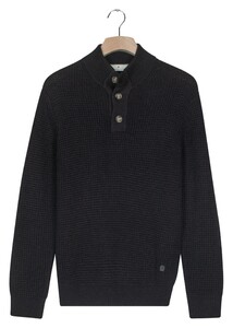 Thomas Maine Button Placket Waffle Structure Knit Nylon Plated Trui Navy