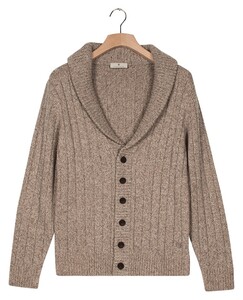 Thomas Maine Cardigan Buttons Shawl Collar Twisted Structure Knit Greybeige