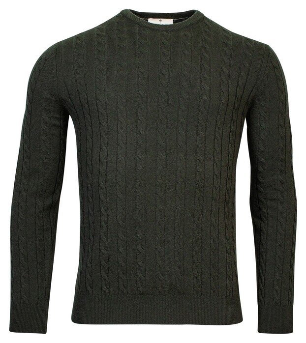 Thomas Maine Cashmere Crew Neck Single Knit Cable Pattern Trui Dark Bottle Green