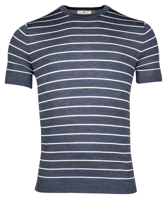 Thomas Maine Crew Neck Allover Stripe Knit Fine Merino Trui Denim Blue