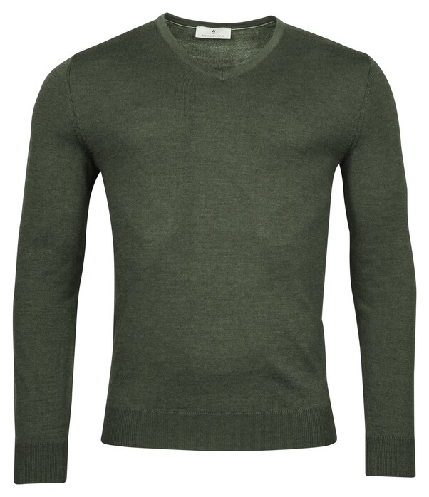 Thomas Maine Fine Merino V-Neck Uni Single Knit Trui Donker Groen
