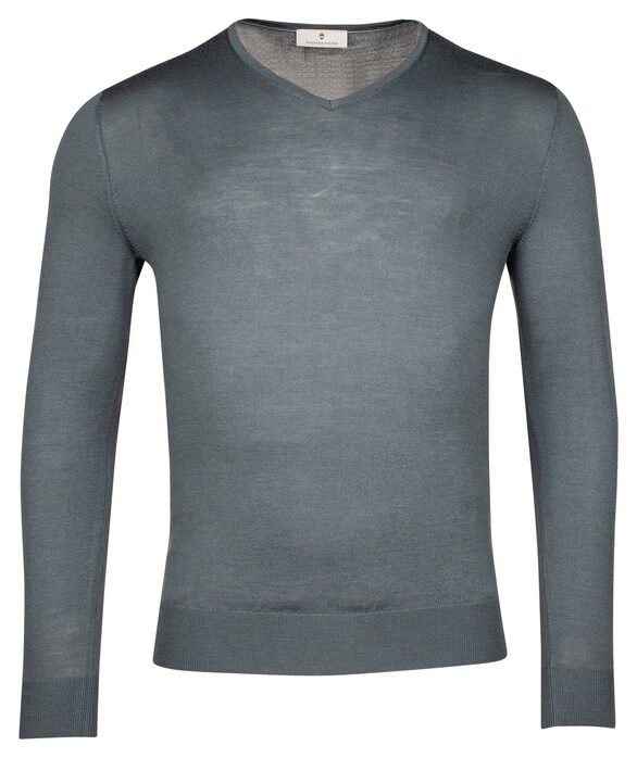 Thomas Maine Fine Merino V-Neck Uni Single Knit Trui Grijsblauw