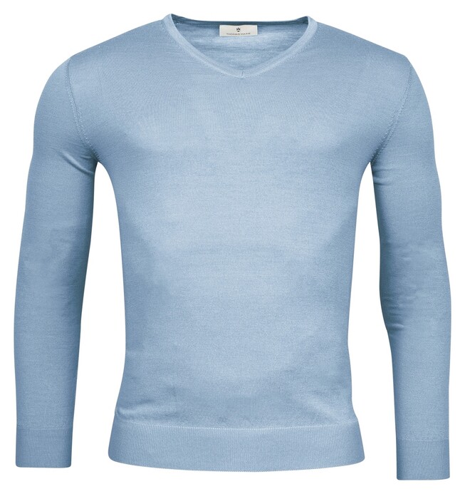 Thomas Maine Fine Merino V-Neck Uni Single Knit Trui Licht Blauw