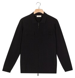 Thomas Maine Full Two-Way Zip Half Milano Knit Double Chest Pocket Cardigan Navy