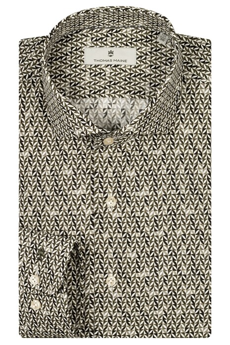 Thomas Maine Geometric Pattern Poplin Roma Modern Kent Overhemd Olive-White