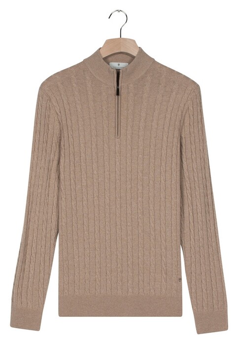 Thomas Maine Half Zip Allover Cable Knit Luxury Merino Cashmere Trui Caramel