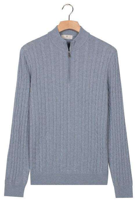 Thomas Maine Half Zip Allover Cable Knit Luxury Merino Cashmere Trui Licht Blauw