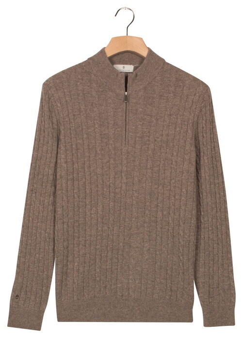 Thomas Maine Half Zip Allover Cable Knit Luxury Merino Cashmere Trui Taupe
