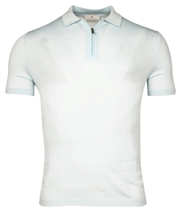 Thomas Maine Half Zip Collar Single Knit Fine Merino Short Sleeve Polo Ice Blue