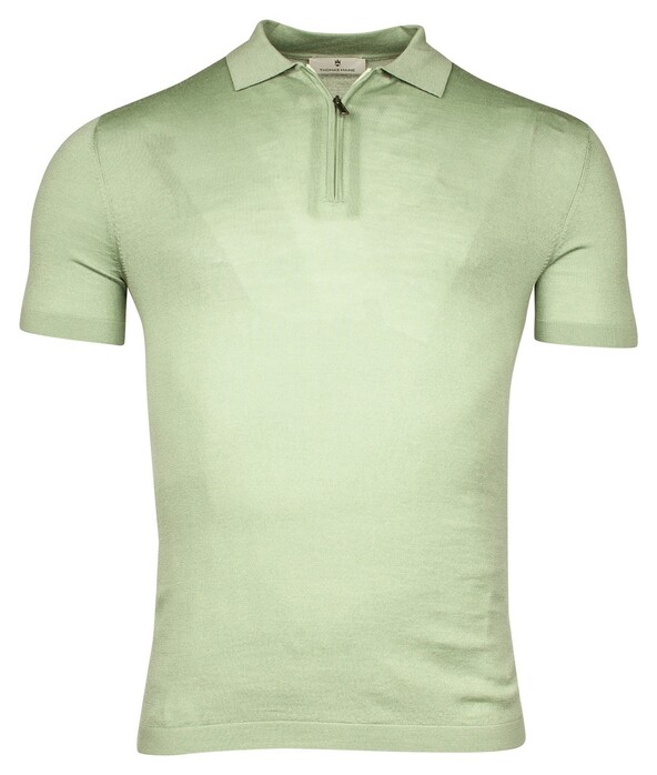 Thomas Maine Half Zip Collar Single Knit Fine Merino Short Sleeve Polo Soft Green