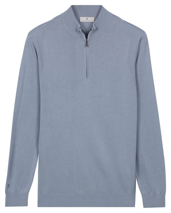 Thomas Maine Half Zip Fine Lyocell Cotton Silk Single Knit Trui Licht Blauw