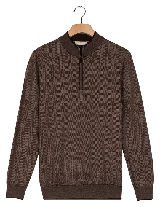 Thomas Maine Half Zip Two Color Herringbone Jacquard Knit Trui Bruin