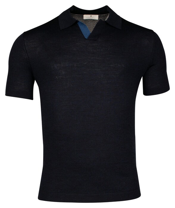 Thomas Maine Knitted Fine Merino Subtle Placquet Contrast No Buttons Collar Polo Navy