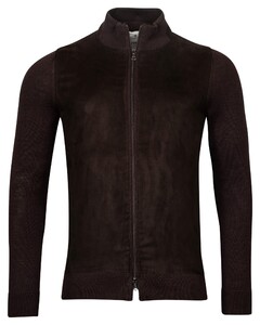 Thomas Maine Luxury Bomber Suède and Knitted Fabric Mix Cardigan Dark Brown Melange