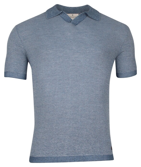 Thomas Maine Merino Linen Structure Knit No Buttons Polo Collar Poloshirt Blue