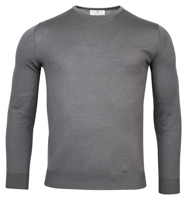 Thomas Maine Merinowol Ronde Hals Single Knit Trui Grijs